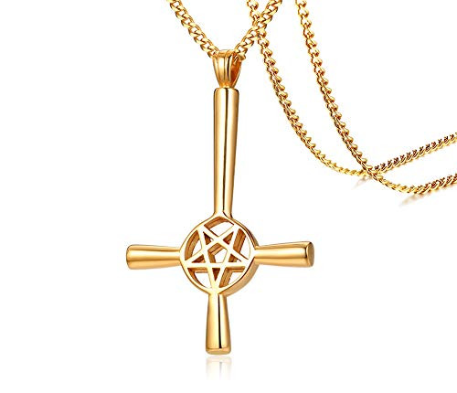 PJ Jewelry Inverted Pentagram Cross Necklace Stainless Steel Upside Down Lucifer Satan Satanic Symbol PendantGold Plated PJ Jewelry Inverted Pentagram Cross Necklace Stainless Steel Upside Down Lucifer Satan Satanic Symbol PendantGold Plated