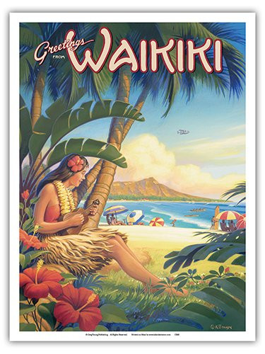Greetings from Waikiki Hawaii - Ukulele Hula Girl - Diamond Head Crater - Vintage Hawaiian Travel Poster by Kerne Erickson - Master Art Print 9in x 12in