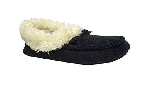 Womens Moccasin Slipper Faux Fur Lined Suede House Shoe with Indoor Outdoor Rubber Sole 9 M US 3018 Black