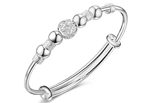Yuren Womens Sterling Silver Beads Bangle Transfer Lucky Beads Bracelet Cuff Open Design
