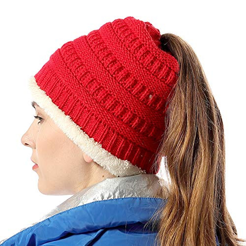 Beanie Tail Soft Stretch Cable Knit Messy High Bun Ponytail Beanie Hat for Womens Red