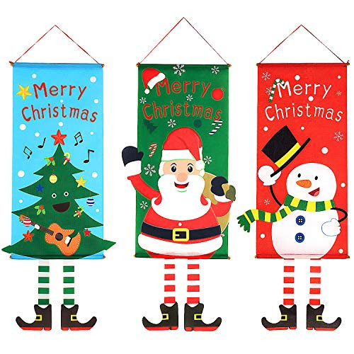 Whaline 3Pcs Christmas Hanging Flag Door Ornaments Banners Fabric Porch Sign Snowman Santa Christmas Tree Design for Christmas Home Decorations