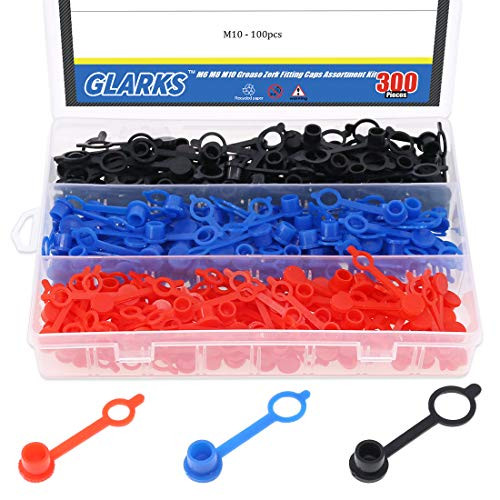 Glarks 300Pcs M6Red M8Yellow M10Black Grease Zerk Fitting Caps Assortment Kit Brake Bleeder Screw Caps Dust Cover With Keeper
