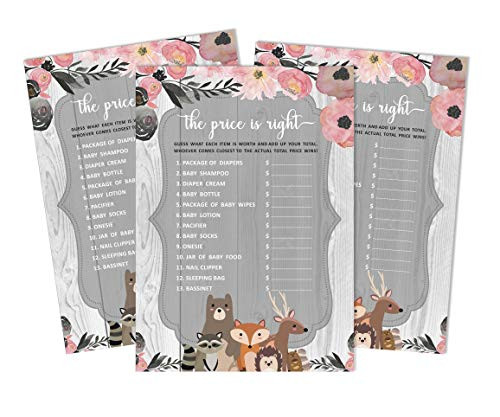 Inkdotpot If The Price is Right Baby Shower Game Card of 50 Gender Neutral Floral   Animals Baby Shower Party Idea