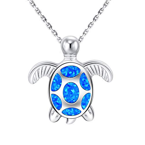 Opal Gem Sterling Silver Plated Turtle Necklace Created Blue Opal Turtle Pendant Sea Turtle Opal Jewelry for Women