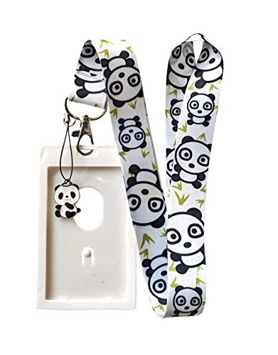 Panda Bear Print Lanyard wID Badge Holder and Charm White