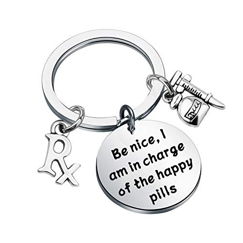 BAUNA Pharmacy Tech Keychain Pharmacist Gift Be Nice I Am in Charge of The Happy Pills Funny Pharmacy Student Gift Pharmacy Shool Graduation Gift Pharmacist Keychain