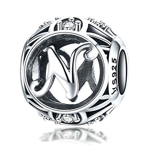 MiniJewelry Womens Initial Letter N Charm for Bracelets Name Alphabet Sterling Silver Beads Charms Family Sister Daughter Granddaughter Birthday Gift