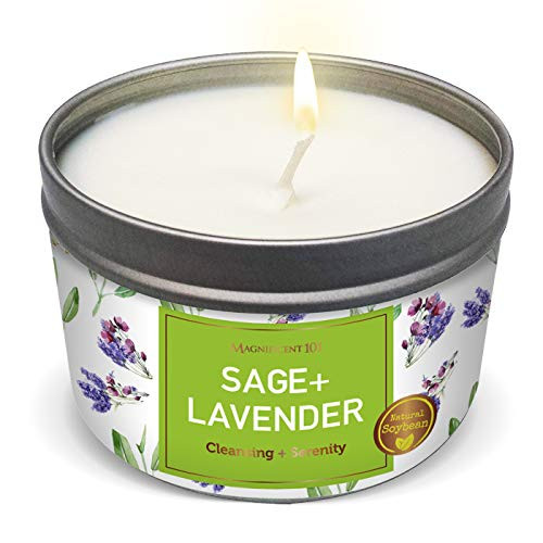 SAGE Lavender Aromatherapy Candle for House Energy Cleansing and Serenity Energy Banishes Negative Energy I Purification and Chakra Healing - Natural Soy Wax Tin Candle for Aromatherapy 6oz SAGE Lavender Aromatherapy Candle for House Energy Cleansing and Serenity Energy Banishes Negative Energy I Purification and Chakra Healing - Natural Soy Wax Tin Candle for Aromatherapy 6oz