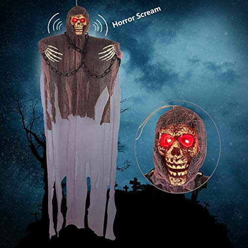 Lyplus Halloween Decorations Outdoor Hanging Ghost Scary Animated Skeleton for Haunted House Party Yard Indoor Prop Halloween Decorations Decor with Voice Activated and Flashing Eyes Creepy