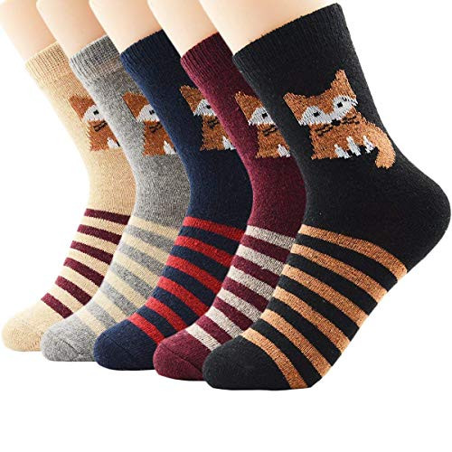 Womens Wool Socks Winter Warm Athletic Crew Long Fall Socks Thick Indoor Socks Hiking Sports Socks D 5 Pairs Fox