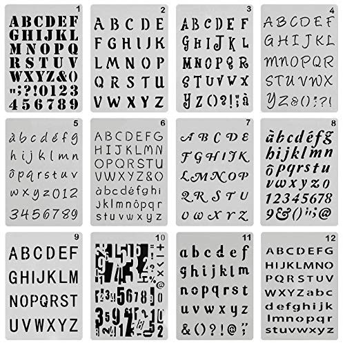 ONEST 12 Pack Letter and Number Stencils Alphabet Stencil JournalNotebookDiaryScrapbook DIY Drawing Template Stencil 4x7 Inch