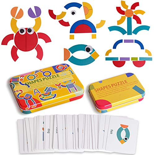 Wooden Pattern Blocks Jigsaw Puzzle Sorting and Stacking Games Montessori Educational Toys for Toddlers Kids Boys Girls Age 3 Years Old and Classroom Shapes Puzzle