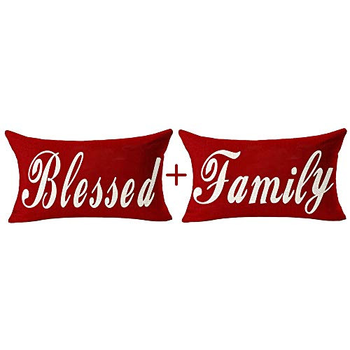 Andreannie Pack of 2 Red Blessed Family Home Cotton Linen Lumbar Throw Pillow Cover Cushion Case Decorative for Sofa Living Room Outdoor Chair 12X20 Inches??¡ Andreannie Pack of 2 Red Blessed Family Home Cotton Linen Lumbar Throw Pillow Cover Cushion Case Decorative for Sofa Living Room Outdoor Chair 12X20 Inches??¡