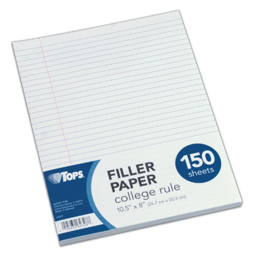 TOPS Filler Paper, College Rule, 10.5 x 8 Inches, 3-Hole Punched, 150 Sheets, White (62328)