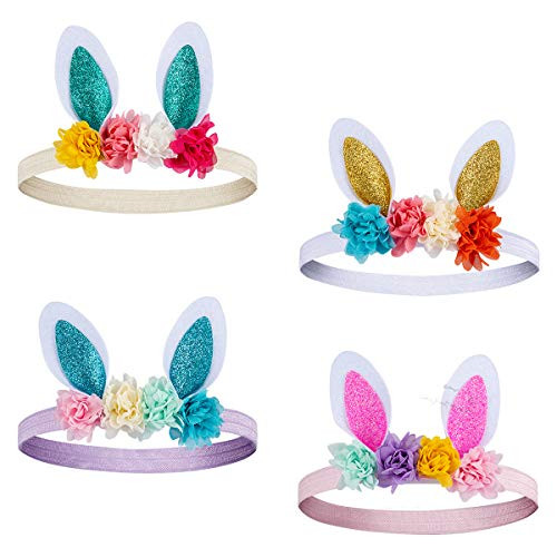 Madholly Pack of 4 Bunny Rose Easter Headbands- Easter Lovely Rabbit Ear Baby Bunny Headband with Flowers for Women Girls Gifts
