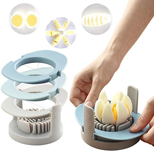 Eggs Slicers 3 In 1 Egg Cutter Wedger Hard Boiled Eggs and Fruit Slicers Multifunctional Convenient Slicer with Stainless Steel Cutting Wires and Non-Slip BaseBlue