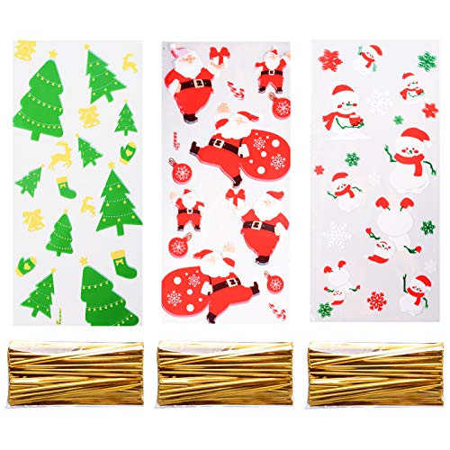 150 PCS Christmas Cellophane BagsClear Plastic Treat Cookie Bags with Twist Ties for Christmas Party Goody Supplies Style A