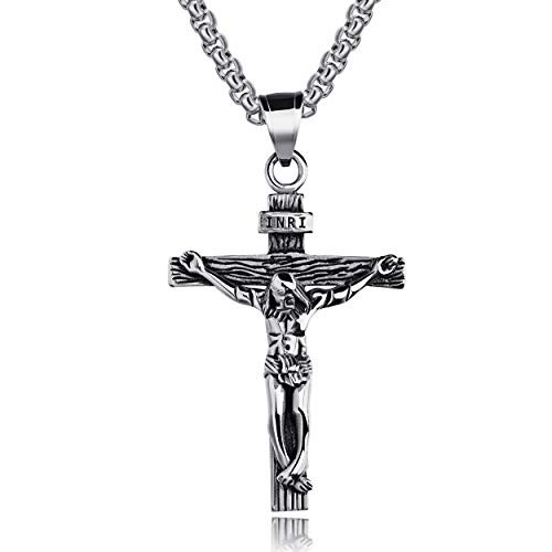 Jesus Christ on INRI Crucifix Cross Pendant Necklace with 24 Inch Stainless Steel Chain Silver Jesus Christ on INRI Crucifix Cross Pendant Necklace with 24 Inch Stainless Steel Chain Silver
