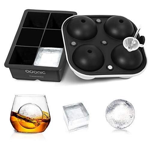 Ice Cube Trays Adoric Life Ice Tray Silicone Set of 2 with Funnel Sphere Ice Ball Maker and Large Square Ice Cube Molds for Whiskey Reusable and BPA Free