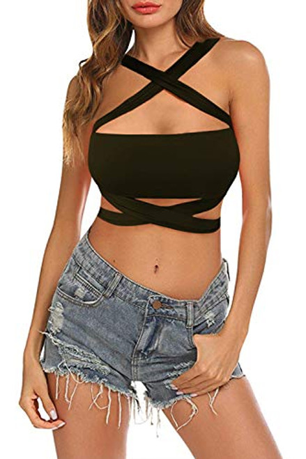 KAKALOT Womens Criss Cross Halter Bandage Crop Tops Cut Out Active Bustier Cami M Army Green KAKALOT Womens Criss Cross Halter Bandage Crop Tops Cut Out Active Bustier Cami M Army Green