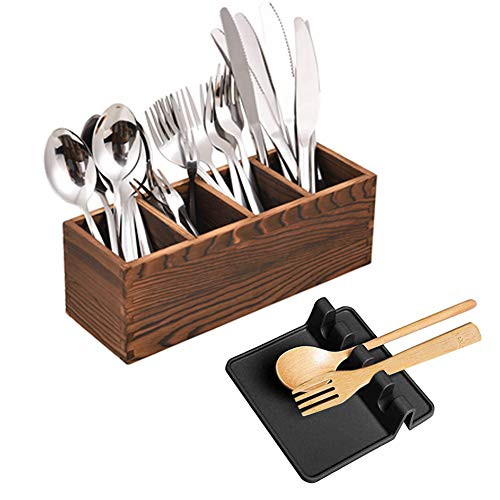 Kitchen Utensil Caddy Silverware Caddy with 4 Adjustable Smart Compartments Wooden Utensil Organizer with Silicone Spoon Holder for Cooking Countertop