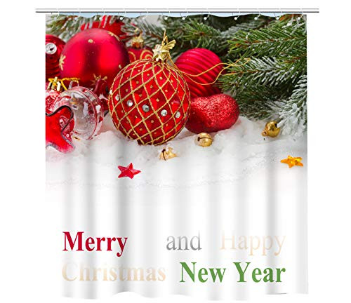 BECAN Christmas Shower Curtain Red Colorful Christmas Balls Christmas Tree Decorations on White Snow Waterproof Polyester Fabric Bathroom Shower Curtain 72X72 Inches with 12pcs Hooks