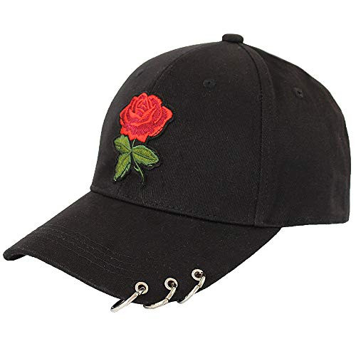 Nutriangee Men Women Rose Floral Embroidered Metal Ring Baseball Cap Cotton Adjustable Flower Dad Hat Black
