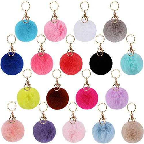 18 pcs Pom Poms Keychains Fluffy Pompoms Keychain Faux Fur Pompoms Keychain Artificial Fur Ball Keychain Faux Rabbit Fur Pompoms Fluffy Accessories Car Bag Charm Puff Ball Keyring Mix Colors