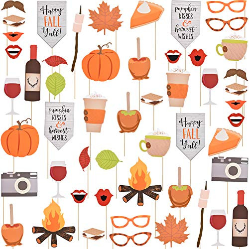 52 Pieces Happy Fall Yall Photo Booth Props Kit Thanksgiving Day Harvest Festival Pumpkin Party DIY Costumes Props with Wooden Sticks for Party Decorations