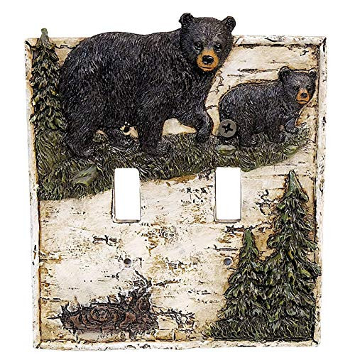 Black Bear on Birch with Pine Trees Double Switch Cover Wall Plate Cabin Lodge Home Decor