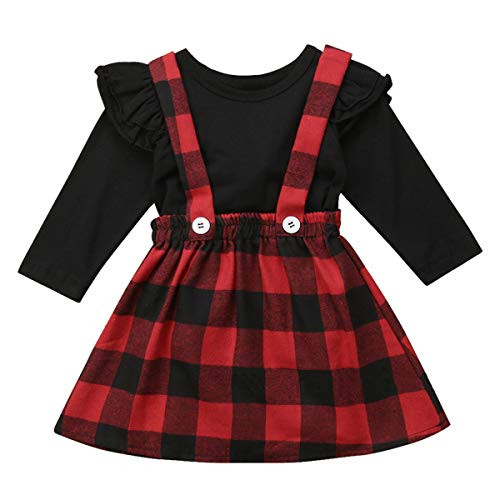 Xfglck Toddler Kids Baby Girl Christmas Day Clothes Outfit Ruffle Long Sleeve Shirt Blouse  Plaid Suspender Skirts Set Plaid Suspender Skirts Set 4-5 T