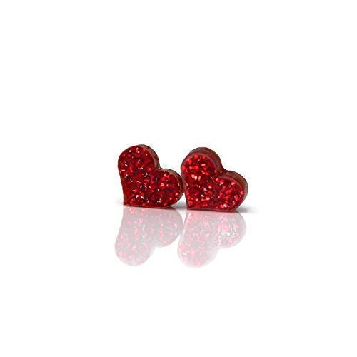 Glitter Heart Stud Earrings Metal Free Plastic Post 10mm Red