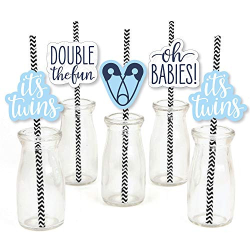 Big Dot of Happiness Its Twin Boys  - Paper Straw Decor - Blue Twins Baby Shower Striped Decorative Straws - Set of 24