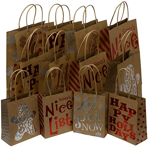 Paper Gift Bags 12 Kraft Christmas Silver and Red foil hot-stamp designs in Small Medium and Large 1 Dozen bags in assorted sizes and prints Set of 12 Paper Gift Bags 12 Kraft Christmas Silver and Red foil hot-stamp designs in Small Medium and Large 1 Dozen bags in assorted sizes and prints Set of 12