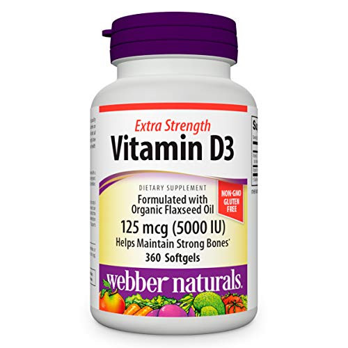 Extra Strength Vitamin D3 5000IU by Webber Naturals formulated with Organic Flaxseed 360 softgels One Year Supply