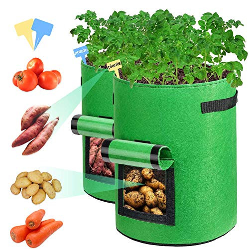 Sunrich Potato Grow Bags 10 Gallon Plant Grow Bags 2 Pack with Velcro Window Handles Access Flap Fabric Garden Growing Planter Bags for Planting Vegetables Tomato Fruits Flower