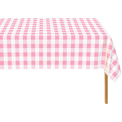 Pink Checkered Gingham 6 Pack Standard Disposable Plastic Party Tablecloth 54 Inch_ x 108 Inch_ Rectangle Table Cover By Zimpleware