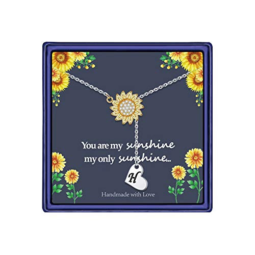 Sunflower Necklace Gift for Women Girls 14k Gold Plated Sunflower Necklace Sunflower CZ Pendant Necklace Heart Initial H Necklace You are My Sunshine Necklace Sunflower Jewelry for Women