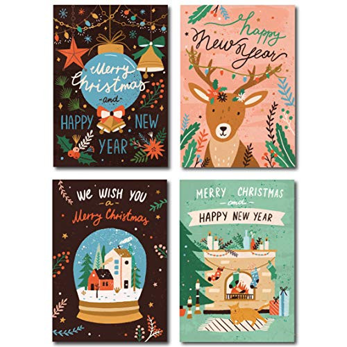 Happy Holiday Postcards  Christmas Postcards Bulk Postcards Set Include 48 Christmas Post Cards 4 Different Cute Postcards Designs 12 of each Seasons Greeting Postcards Happy New Year Postcards