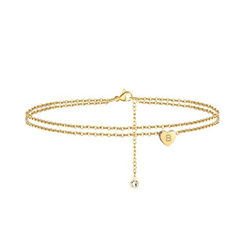 Turandoss Layered Initial Ankle Bracelets for Women 14K Gold Filled Everyday Layered Chain Boho Beach Style Summer Initial Anklets for Women Anklet with Initials B