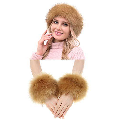 Fancylovesotio Womens Faux Fur Headband with Elastic Winter Ear Warmer Earmuffs Ski Hat Hairbands Head Wraps Natural with Cuffs Large