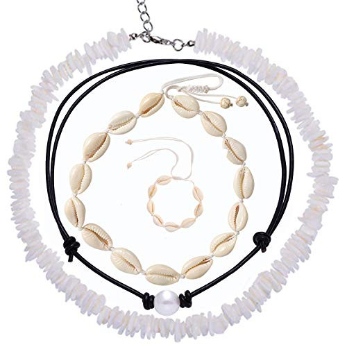 UEUC Shell Pearl Choker Necklace Natural Puka Beach Cowrie NecklaceHandmade Hawaiian Surfer Seashell Necklace Bracelet for Summer Vacation