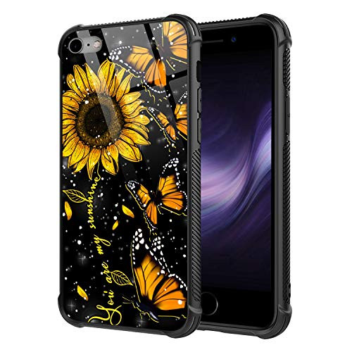 iPhone 6 Plus CaseSunflower Butterfly Pattern Tempered Glass iPhone 6 Plus Cases for Girls Women Anti-Scratch Four Corners Design Cover Case for iPhone 66S Plus