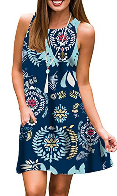 Tshirt Dresses for Women Summer Beach Boho Sleeveless Floral Sundress Pockets Swing Casual Loose Cover UpBlue FlowerM