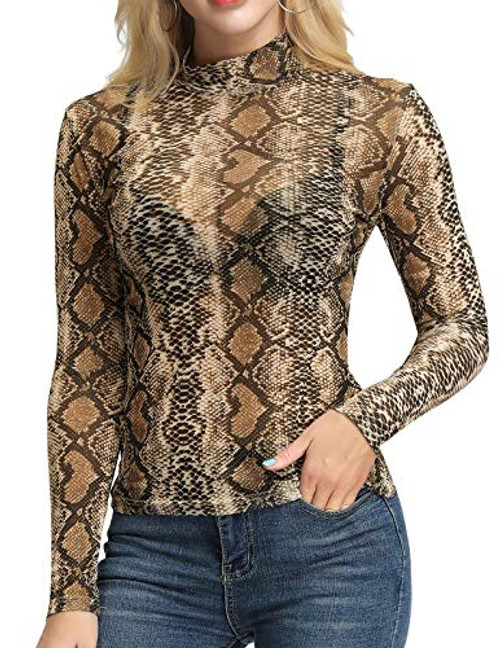 Kate Kasin Women Sheer Mesh See Through Long Sleeve Tops Clubwear Blouse MSnake Print