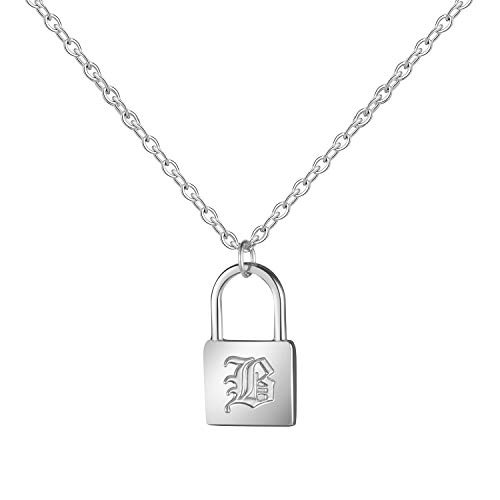 MEMGIFT Silver Dainty Initial B Lock Necklace Cute Simple Minimalist Personalized Jewelry Letter Engraved for Girlfriend Wife Mom Daughter Best Friend Sister Fiancee