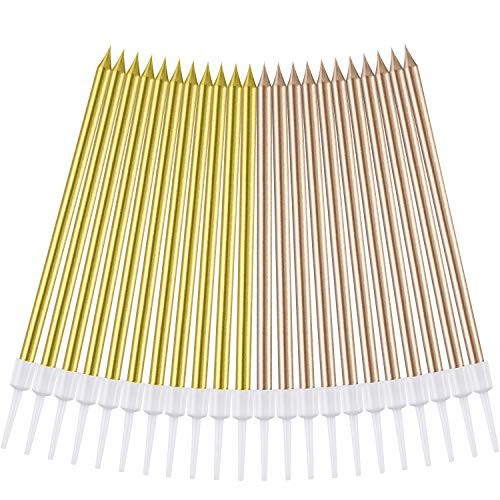 Frienda Metallic Birthday Cake Candles in Holders Long Thin Birthday Candles Cupcake Candles Wedding Party Cake Decorations (Champagne Gold and Gold, 24 Pieces)