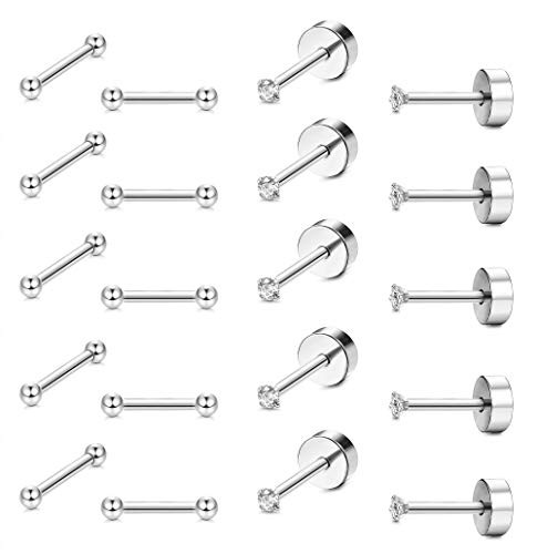 CASSIECA 10 Pairs 18G Stainless Steel Cartilage Stud Earrings Round Cubic Zirconia Flatback Barbell Ear Piercings for Men Women Screw Flat Back Helix Cartilage Tragus Comfortable Jewelry Set