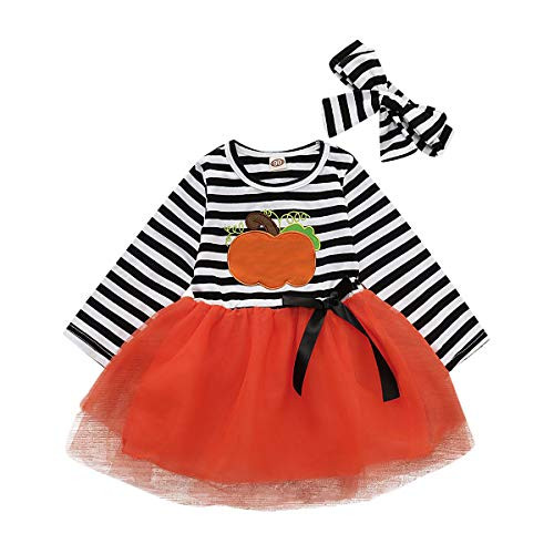 Toddler Baby Halloween Outfits Girls Pumpkin Print Long Sleeve Dress Striped Tutu Skirt  Headband Orange-Striped 4-5 Y